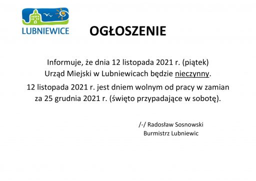 12 listopada Urząd Miejski w Lubniewicach będzie nieczynny