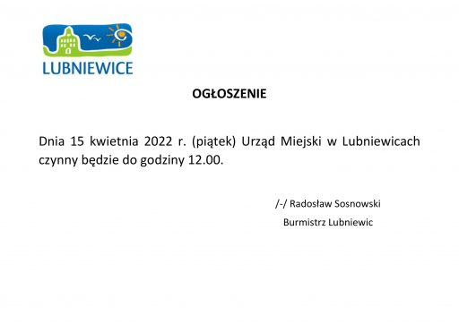 Informacja dot. pracy Urzędu Miejskiego w Lubniewicach